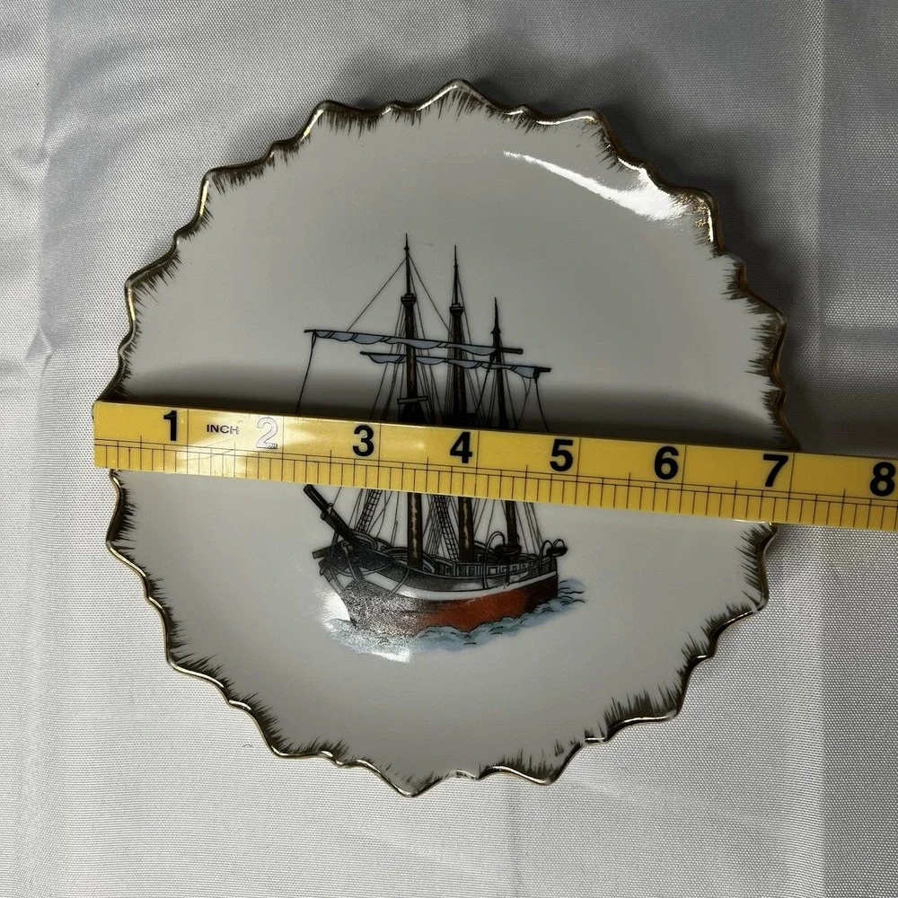 Vintage Japan Porcelain Ship Plates Gold Gilt Scalloped Nautical 7